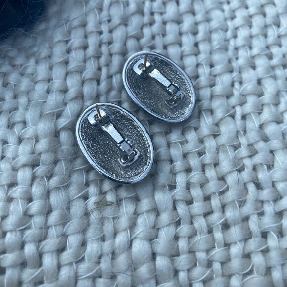 Vintage Givenchy NY Rhinestone Studded Omega Back Pierced Earrings Silver tone - Picture 7 of 7